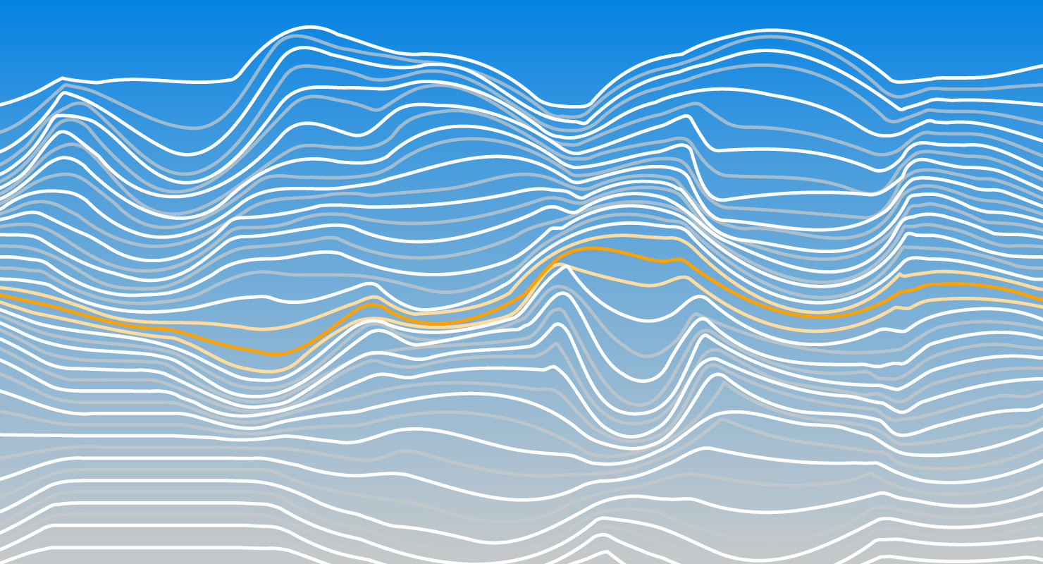 Fluctuating horizontal white and orange wavy lines on a blue gradient background.